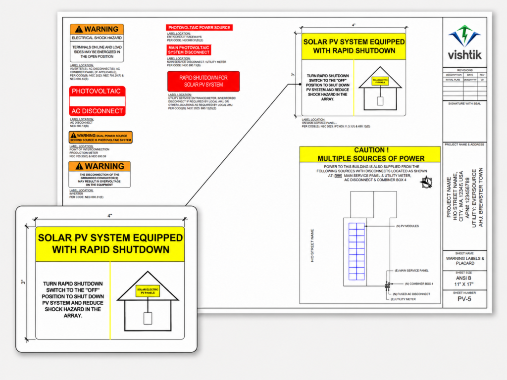 Residential photovoltaic permit drawing with rapid shutdown and electrical warning labels