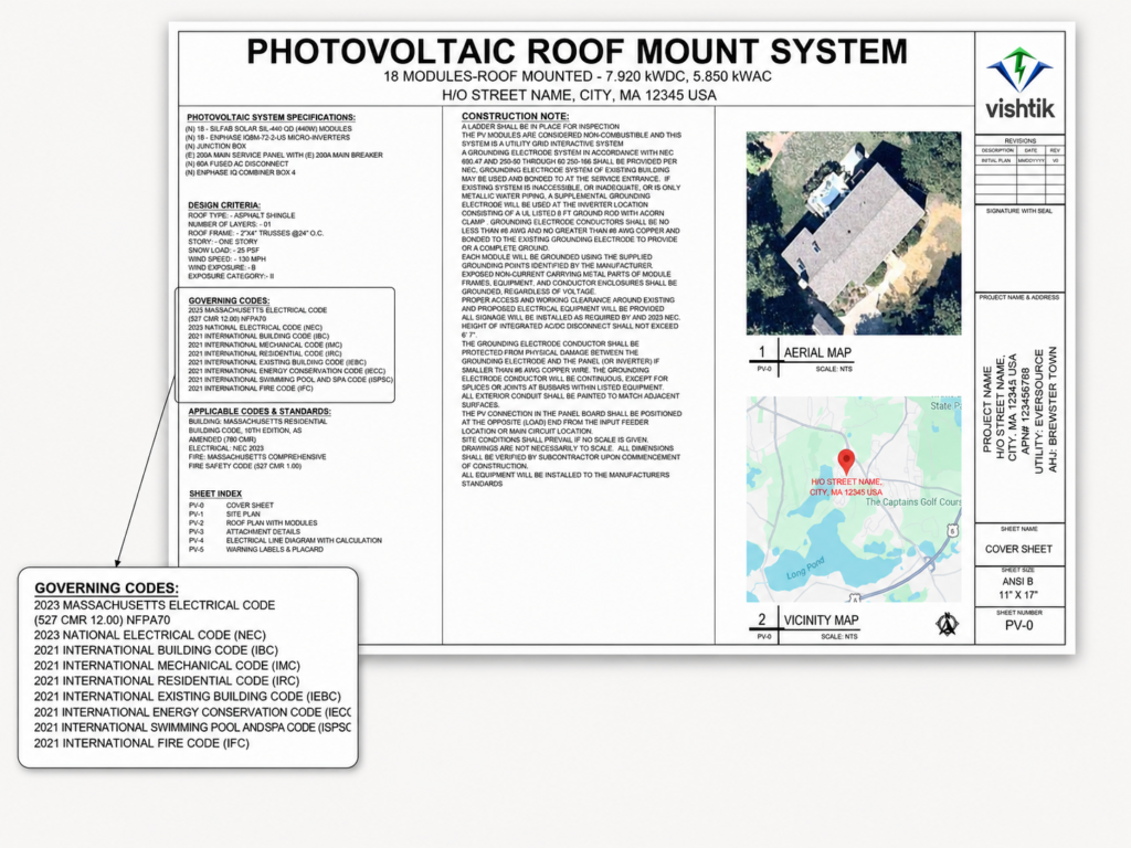 Residential photovoltaic roof-mount permit cover sheet with aerial and vicinity maps