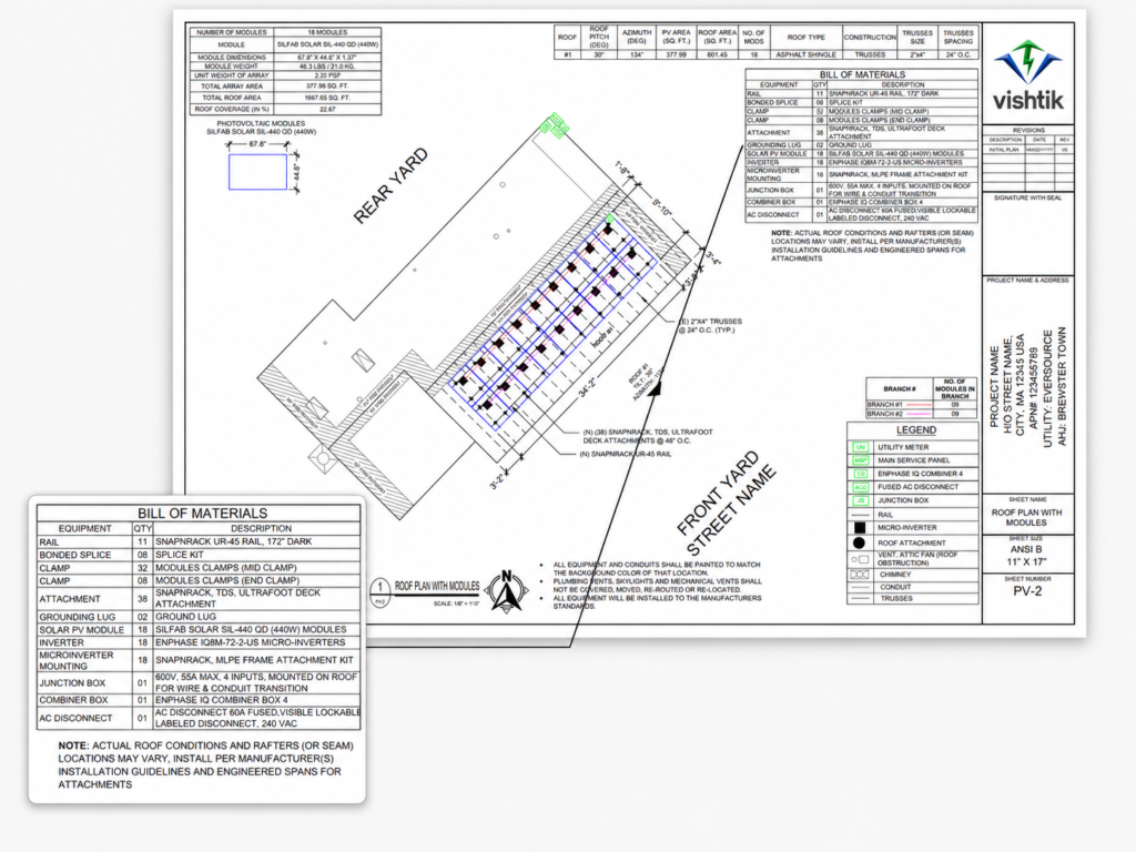 Residential roof plan showing 18 solar modules, racking and equipment schedule