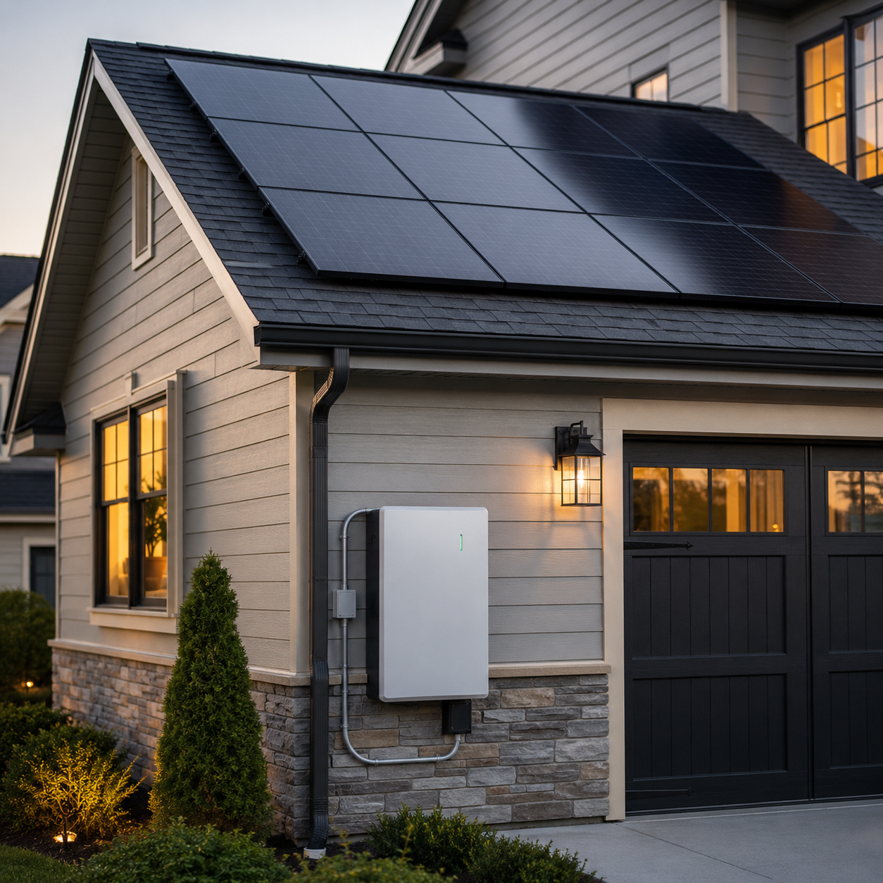 residential rooftop solar panels with wall mounted battery storage beside the garage