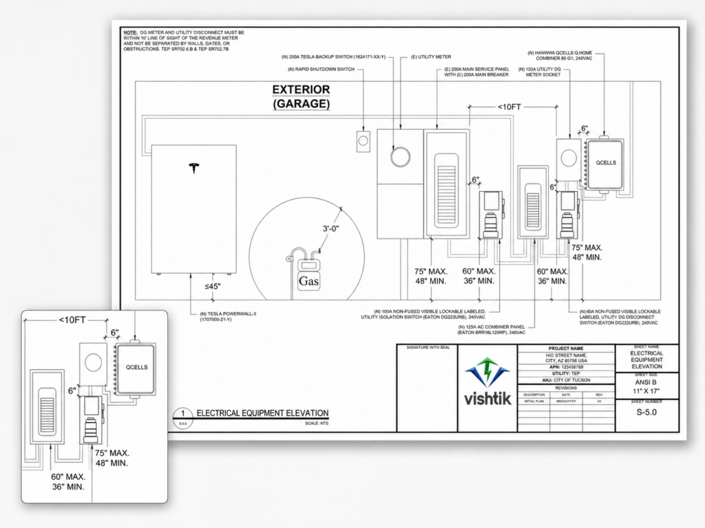 Residential solar and battery permit plan showing exterior electrical equipment elevations
