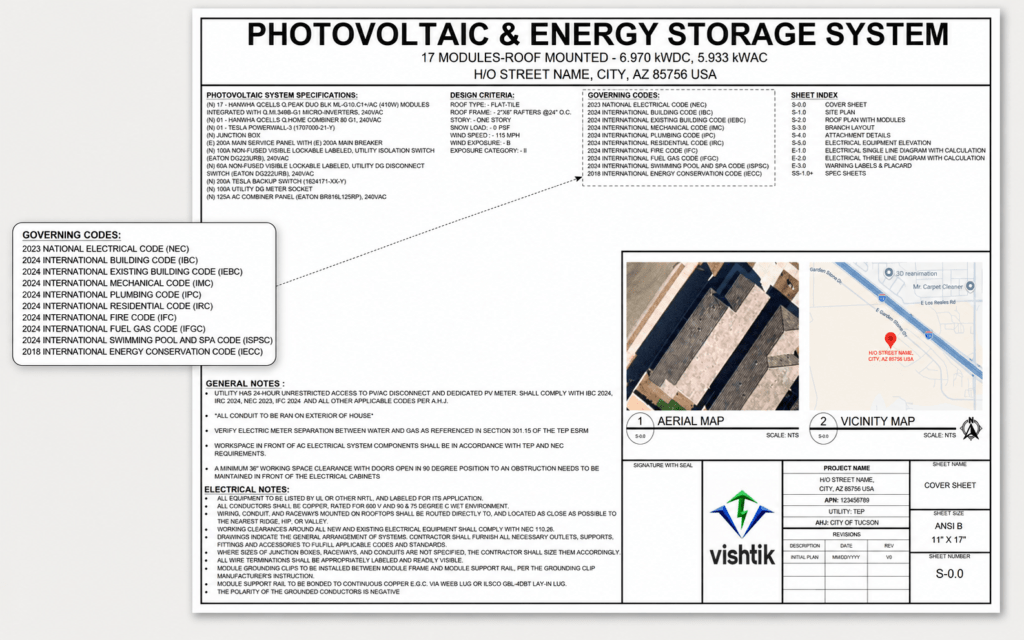 Residential solar and energy storage permit cover sheet with project maps and code summary