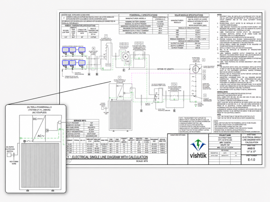 Residential solar and Tesla Powerwall single-line diagram with equipment calculations