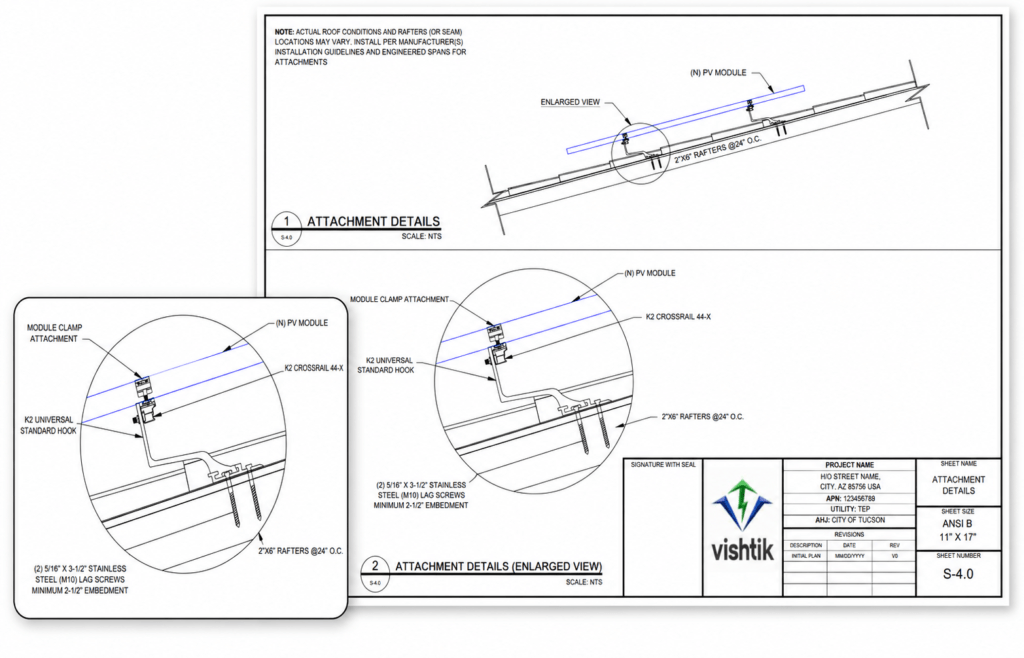 Residential solar permit drawing showing roof attachment and module mounting details