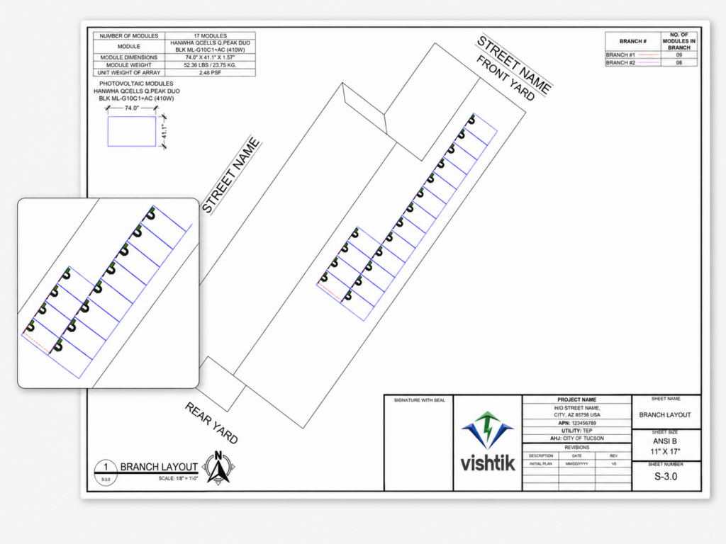 Residential solar permit plan showing PV module branch layout and string assignments