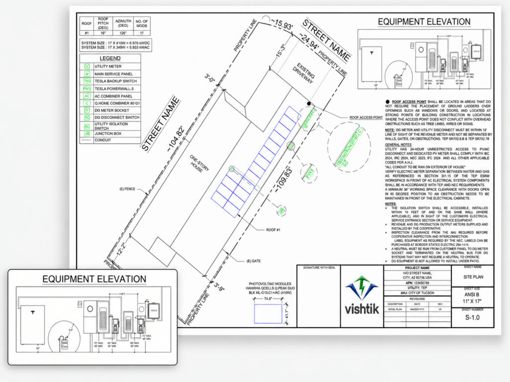Residential solar permit site plan showing array location and electrical equipment elevation
