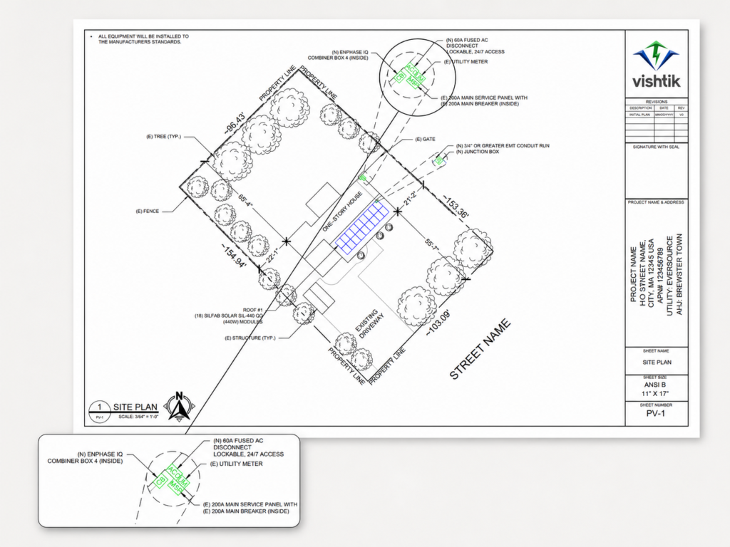 Residential solar permit site plan showing rooftop array location and electrical equipment