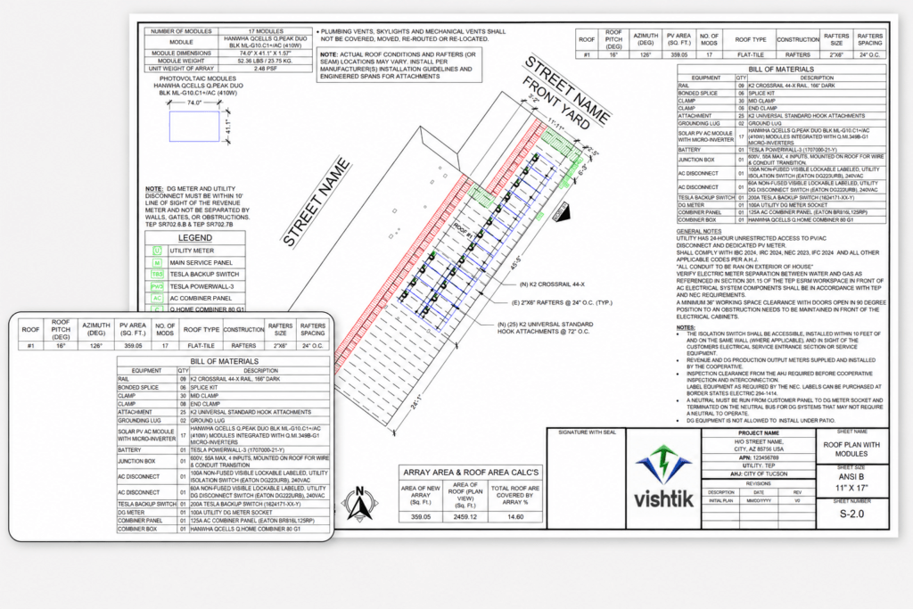 Residential solar roof plan showing module layout, setbacks and bill of materials