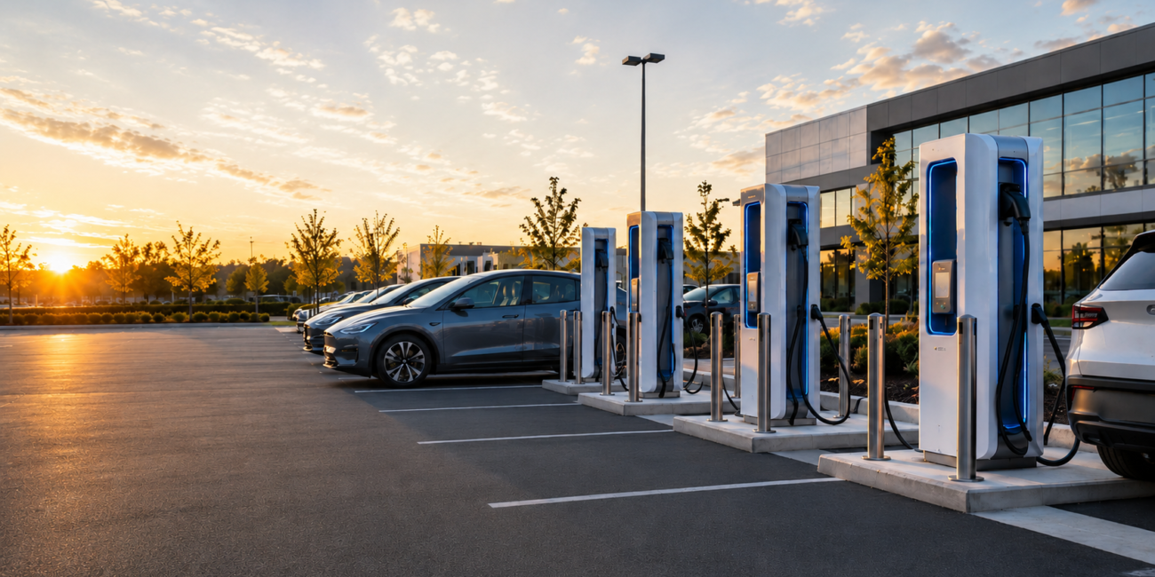 Row of commercial DC fast chargers serving electric vehicles outside an office building