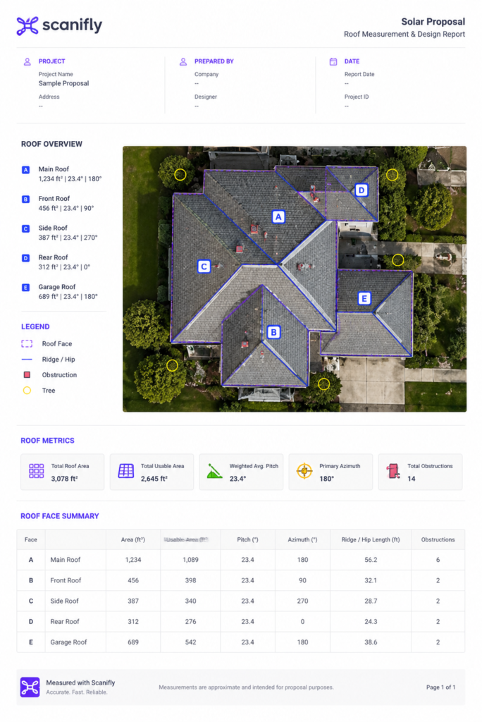 Scanifly roof measurement and design report for a residential solar proposal