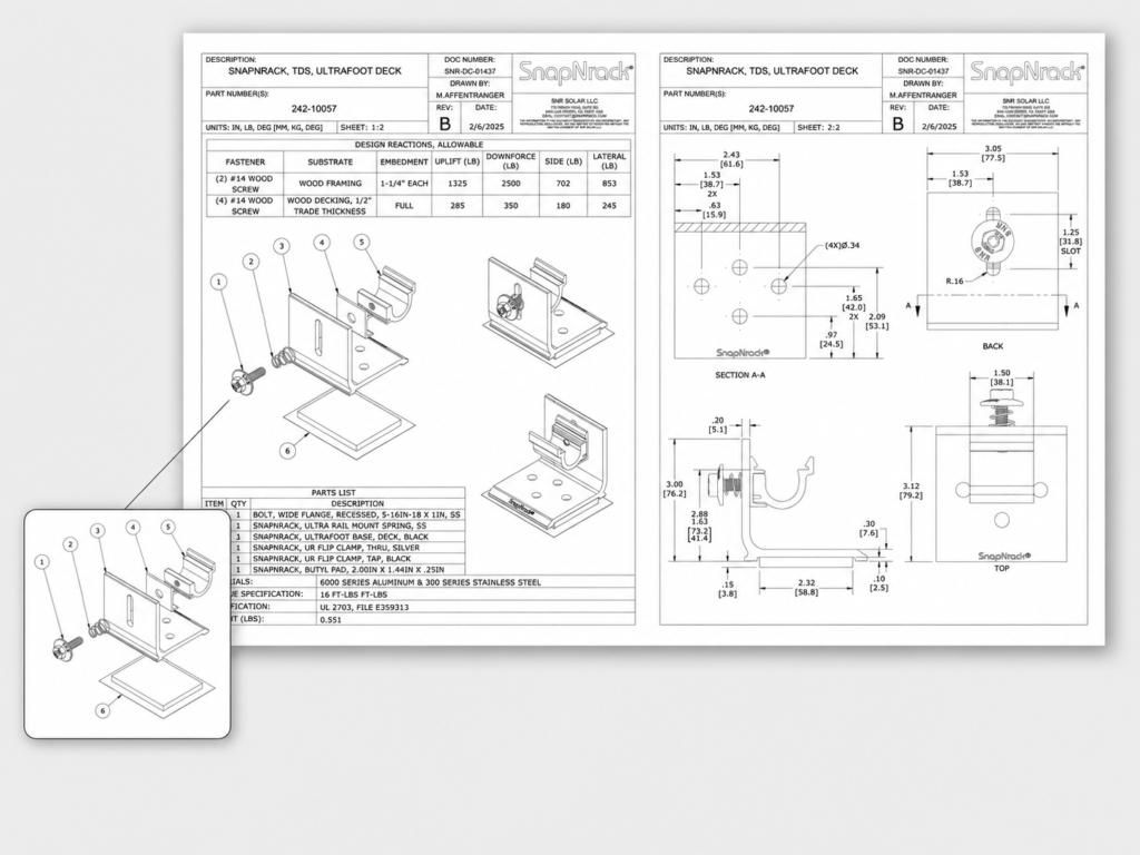 SnapNrack UltraFoot roof attachment technical drawing for solar racking