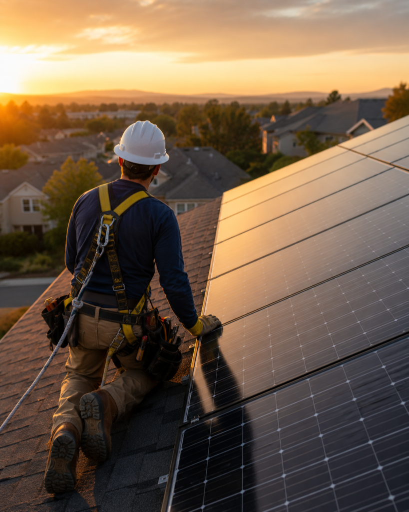 Solar installer inspecting rooftop photovoltaic panels on a residential home