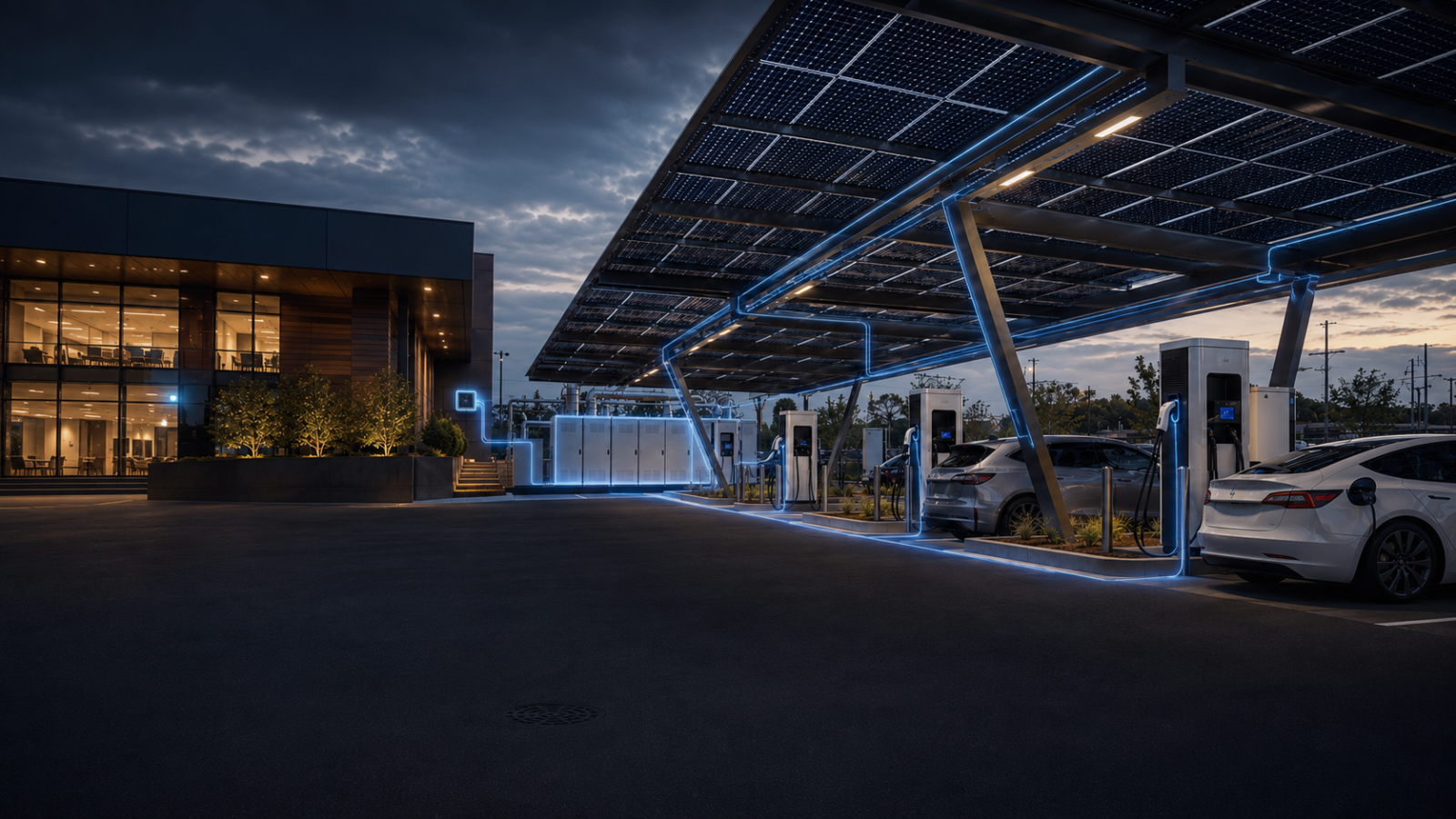 solar parking canopy with ev chargers and battery storage connected by illuminated energy paths