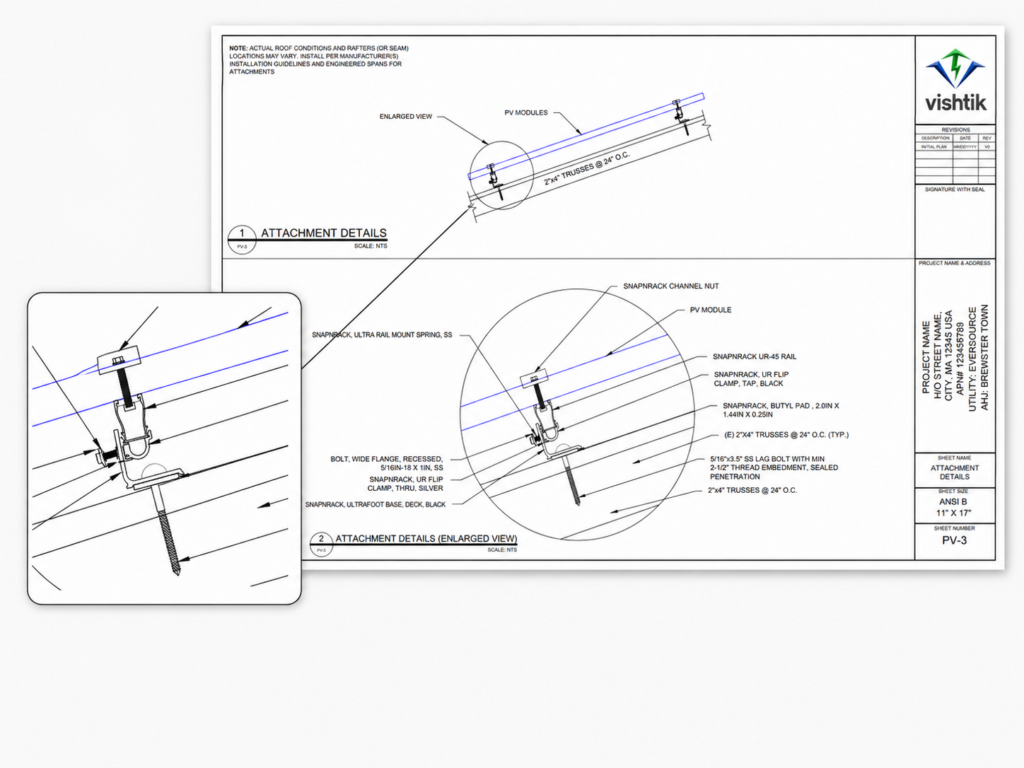 Solar permit drawing showing SnapNrack roof attachment details for asphalt shingles