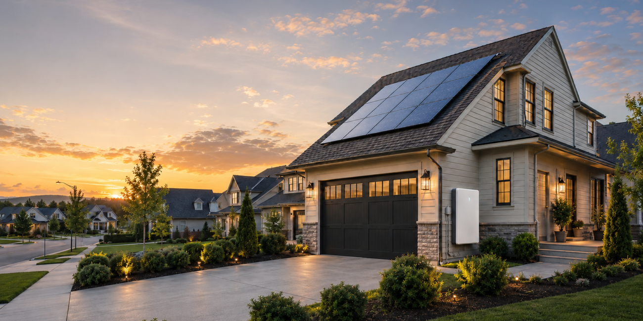 Suburban home with rooftop solar panels and wall-mounted battery storage at sunset