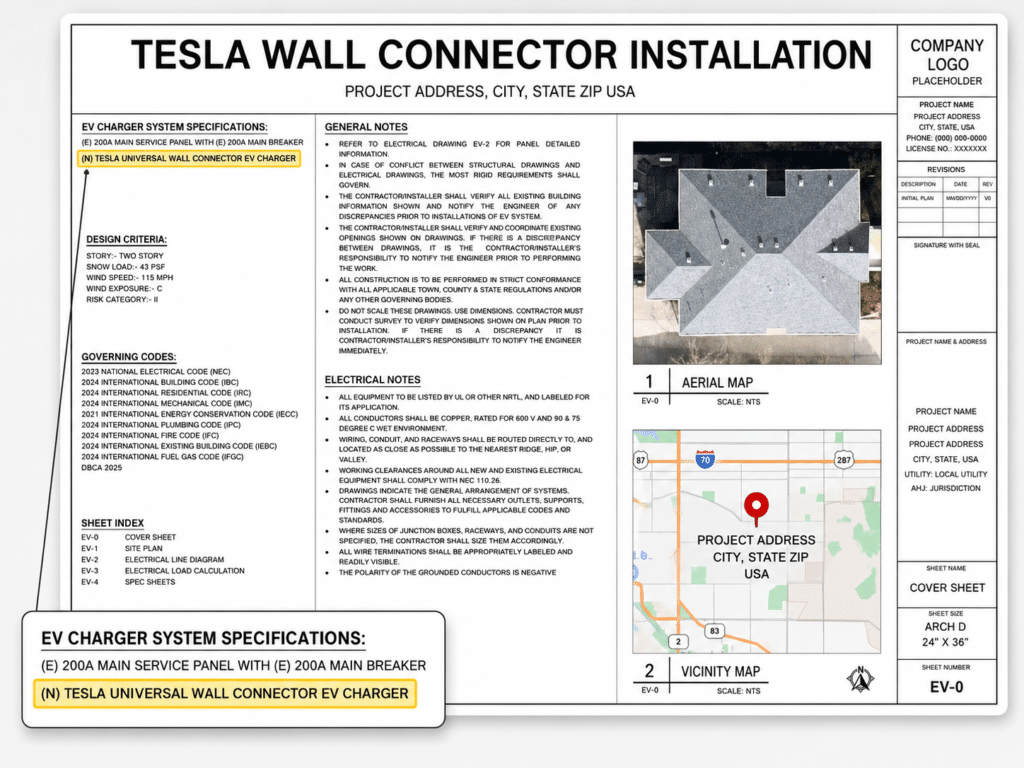 Tesla Wall Connector installation permit cover sheet with site and vicinity maps