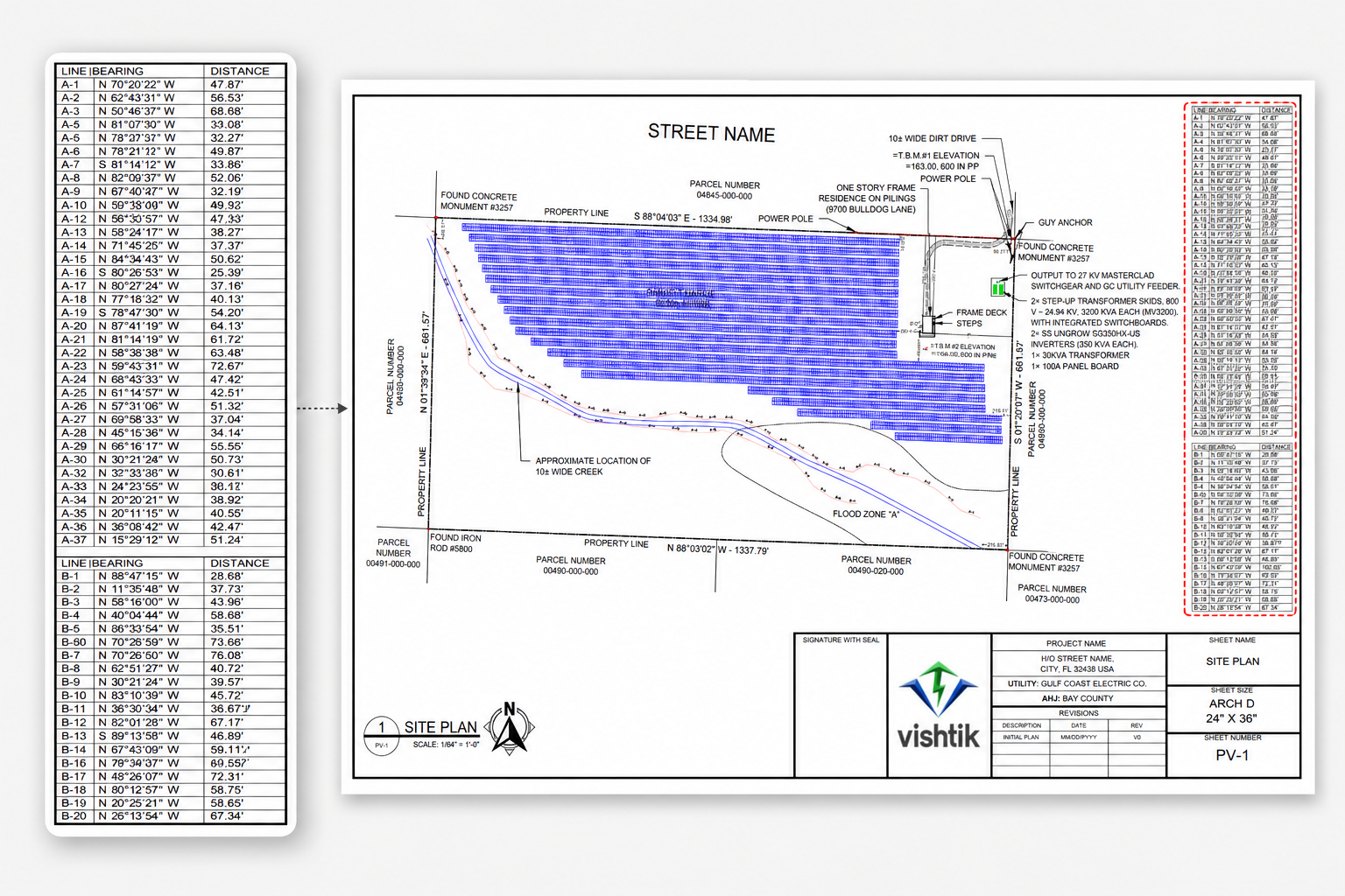Commercial Permit Design Utility-scale ground-mount solar site plan showing array layout and property boundaries