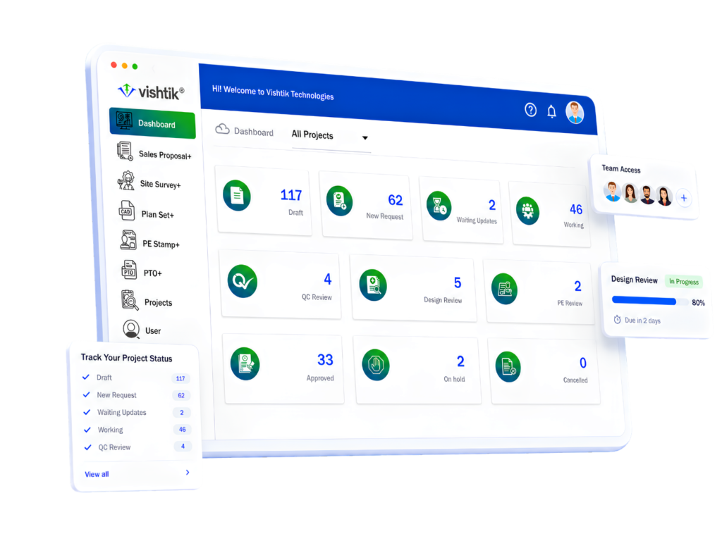 Vishtik customer dashboard showing solar project requests, reviews and approval status
