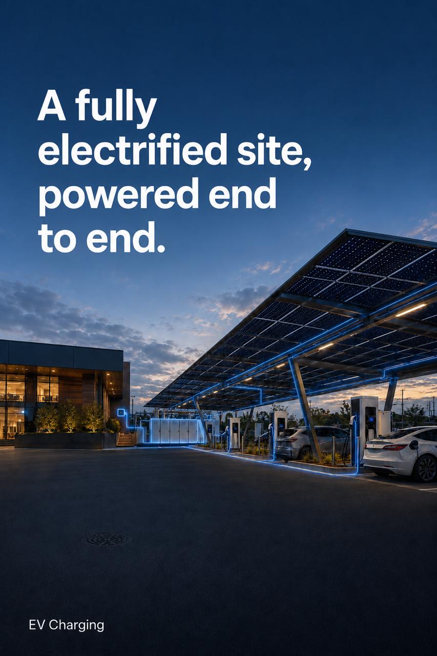 Solar-powered EV charging site with text: A fully electrified site, powered end to end
