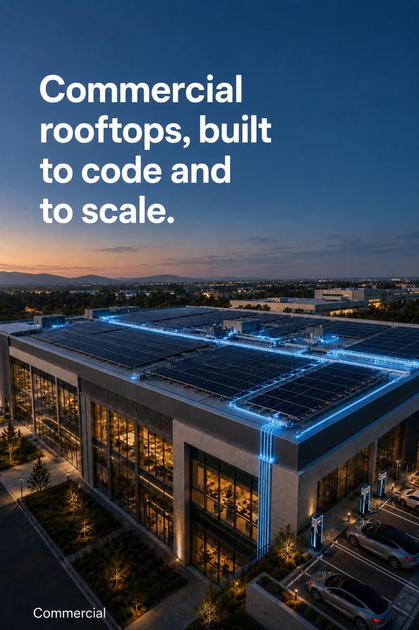 Commercial rooftop solar installation with text: Commercial rooftops, built to code and to scale