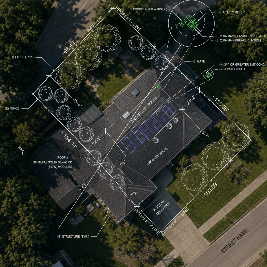 Aerial residential property image with solar array layout, equipment locations and site measurements