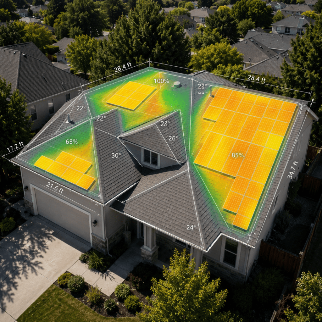 Aerial residential roof assessment showing solar panel placement and shade analysis