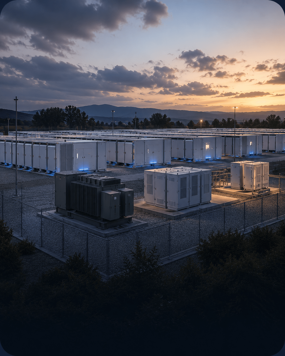Grid-scale battery energy storage containers and transformers at dusk