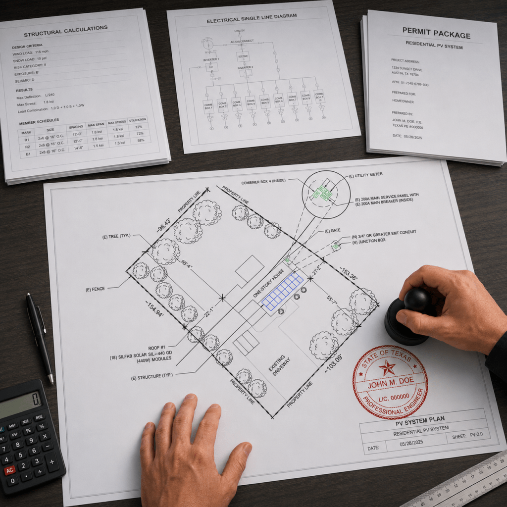 Professional engineer reviewing and stamping a residential solar permit plan set