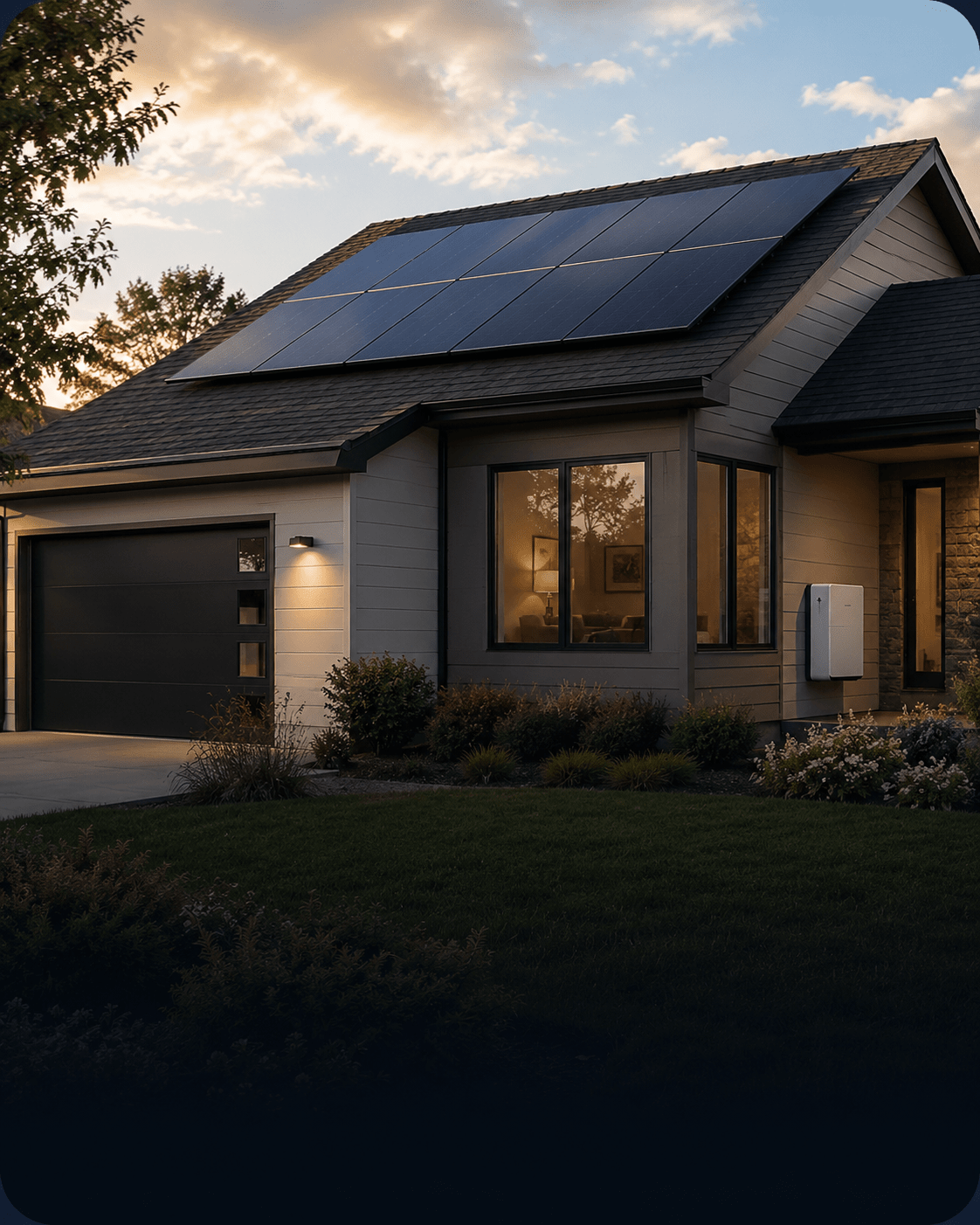 Residential home with rooftop solar panels and a wall-mounted battery system