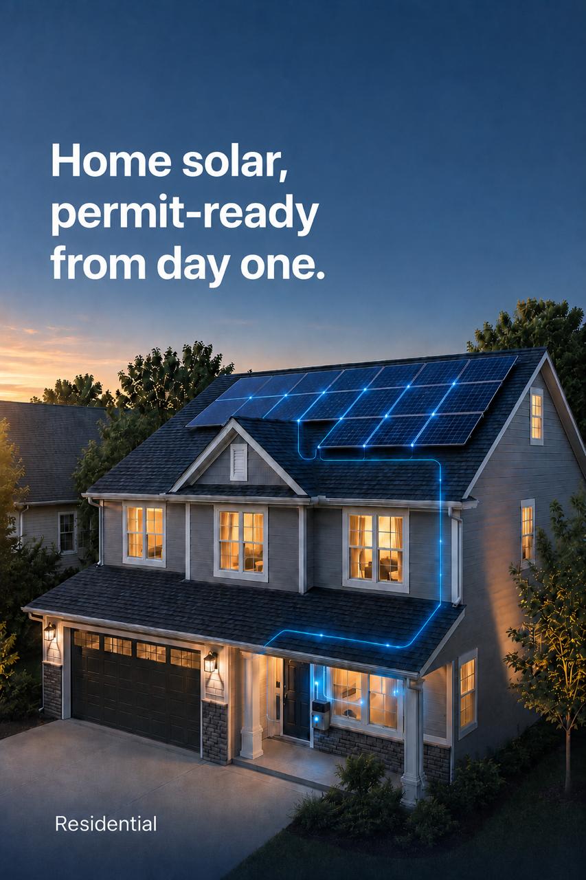 Residential rooftop solar system with text: Home solar, permit-ready from day one
