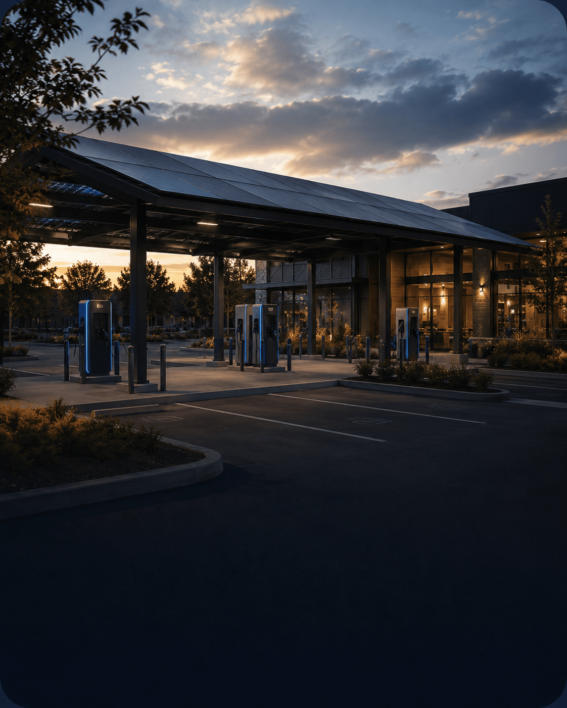 Solar canopy supplying EV charging stations at a commercial property