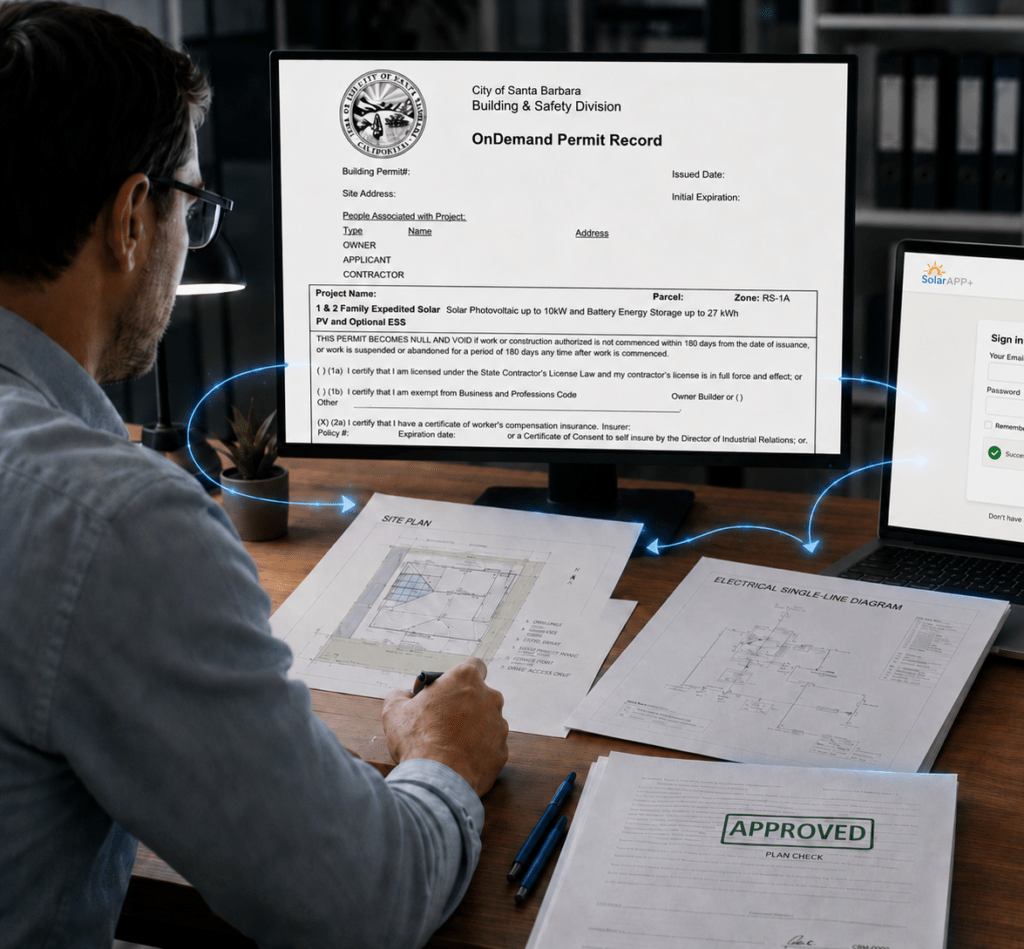 Solar engineer reviewing permit records, site plans and electrical drawings for approval