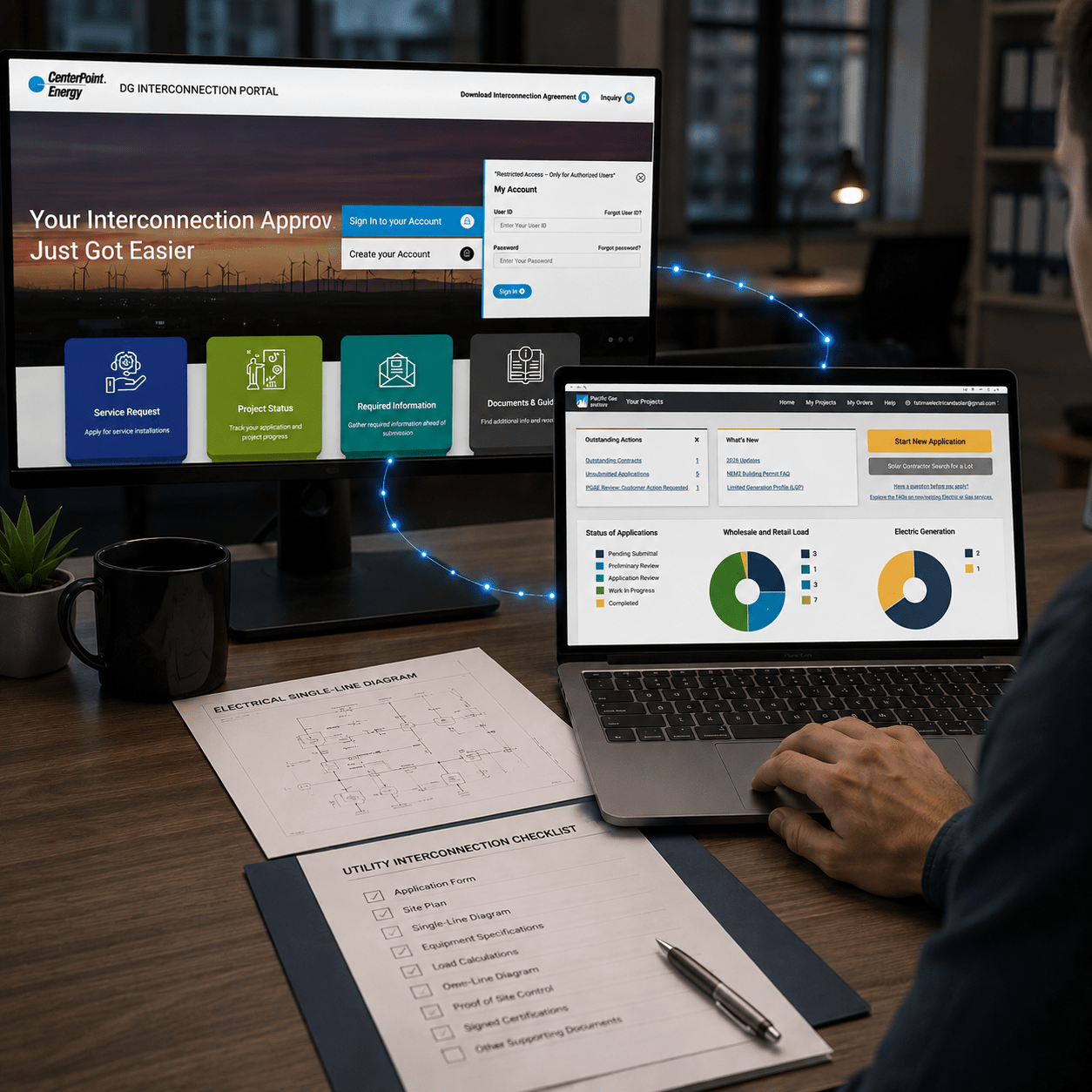 Solar engineer reviewing utility interconnection applications, electrical drawings and project status