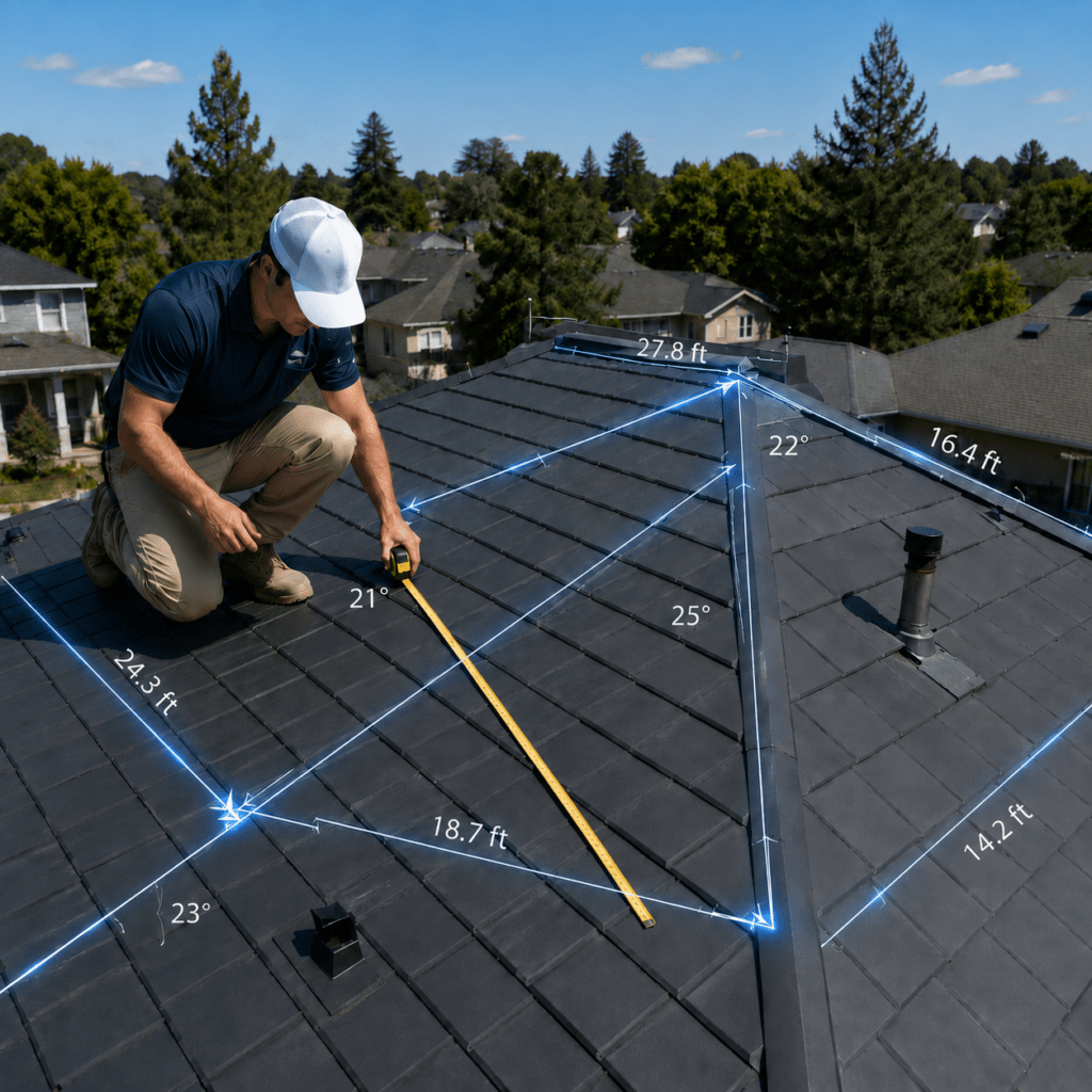 Solar site surveyor measuring roof dimensions and pitch for residential PV design