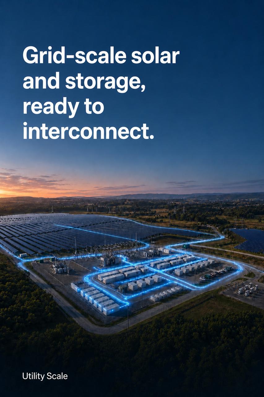 Utility-scale solar and battery storage site with text: Grid-scale solar and storage, ready to interconnect