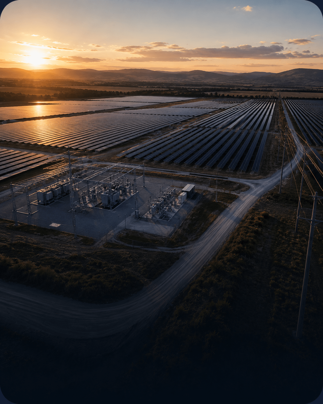 Utility-scale solar farm connected to an electrical substation at sunset